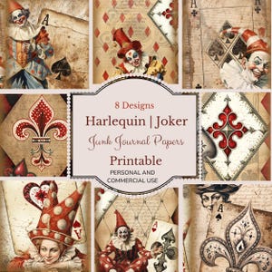 Harlequin Junk Journal Kit  clown |vintage ephemera  digital paper  scrapbook printable Joker, Ace spades card deck paper crafts mixed media
