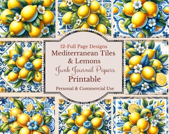 Mediterranean Tiles & Lemons Junk Journal Papers, Lemon Patterns, Mediterranean Backgrounds, Italian Greek Digital Junk Journal kit ephemera