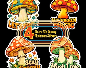 Groovy Retro Mushroom Sticker 4 Pack - Retro 70's Vinyl Die Cut Sticker Pack