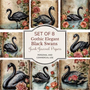Black Swan Junk Journal Pages, Shabby Chic Pink Roses Journal Pages & Ephemera, Flowers,Printable Digital Download, Scrapbooking Floral