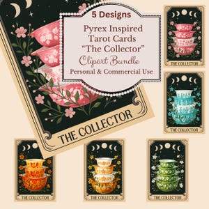 Pyrex Tarot-Karte PNG, The Collector, Vintage Pyrex Bowl Stack Tarot-Karte PNG Clip Art Stachelbeere, Butterprint, Freundschaft, Gänseblümchen, Schmetterling