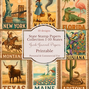 Francobolli di Stato, carta da giornale, design di francobolli d'epoca, Col. 1, francobolli di 10 stati, effimeri di giornale, lavoretti di carta, stampabili