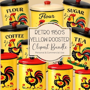 Paquete de imágenes prediseñadas de gallos amarillos para cocina retro de los años 50 - Bote de despensa, PNG, inspirado en Ransburg, imágenes prediseñadas de decoración de cocina retro
