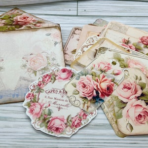Tarjetas de diario basura efímera - Tarjetas y etiquetas de diario de rosas victorianas de 25 piezas más diario de scrapbooking hecho a mano sobre