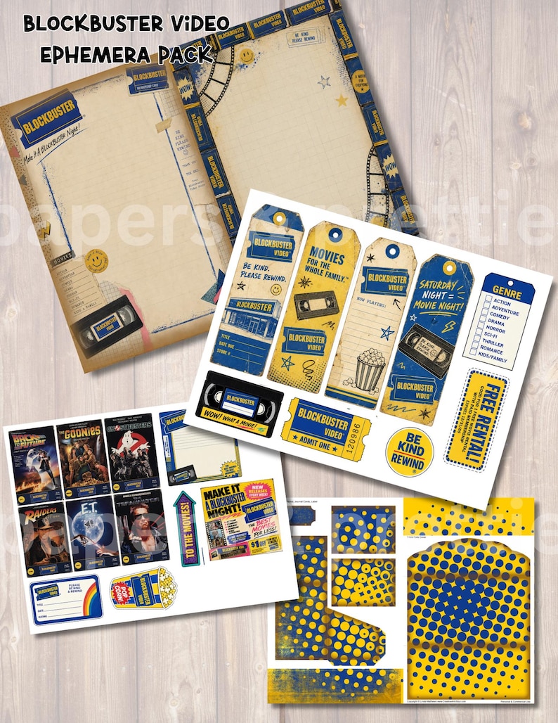 Retro Blockbuster Video Junk Journal Ephemera Kit - Papers, Tags ...