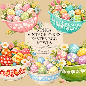 May include: A digital clip art bundle featuring five vintage Pyrex bowls filled with decorated Easter eggs and flowers. The bowls are in various colors, including pink, turquoise, white, blue, and green. The eggs are adorned with patterns and floral designs.