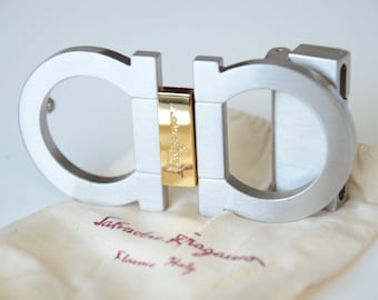 Vintage Salvatore Ferragamo 35mm Silver Belt Buckle Gold Logo Fibbia Schnalle Boucle Cintura Gürtel