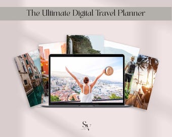 May include: A laptop displaying a digital travel planner with travel photos. The laptop is surrounded by printed travel photos. The text "The Ultimate Digital Travel Planner" is at the top of the image.