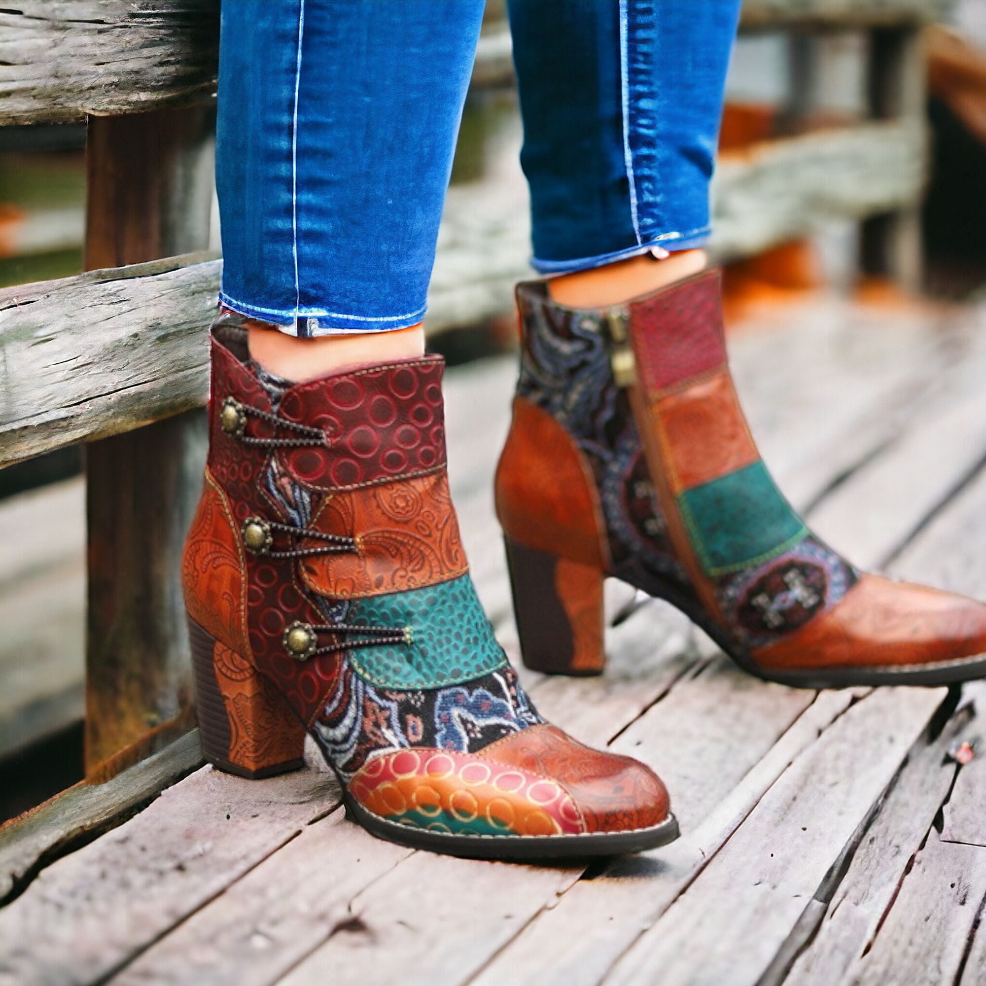 Socofy bohemian splicing pattern button zipper ankle shop leather boots