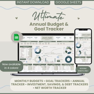 Grön budget och målspårning 2026: Mall för Google Sheets för kreditkort och betalkort/kontanter (digital nedladdning)
