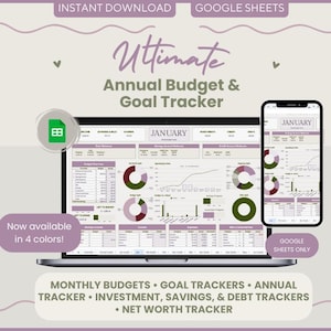 Peut inclure: Un planificateur financier numérique affiché sur un ordinateur portable et un smartphone. L'écran affiche un suivi du budget et des objectifs avec des graphiques. Le texte comprend "Ultimate Annual Budget & Goal Tracker" et "Instant Download."