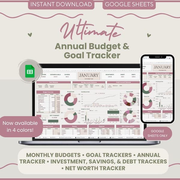 2026 Pink Budget & Goal Tracker: Credit Card and Debit/Cash User Google Sheets Template (Digital Download)