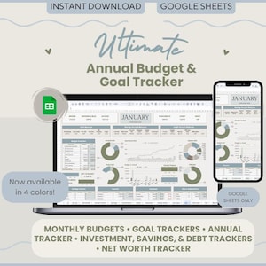 Op de afbeelding: Een laptop en smartphone tonen een financieel spreadsheet met de titel "Ultimate Annual Budget & Goal Tracker". Het scherm toont grafieken en gegevens voor januari. Tekst bevat "Direct downloaden", "Google Sheets".