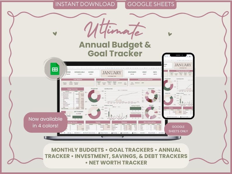 Puede incluir: Un planificador financiero digital con el texto "Ultimate Annual Budget & Goal Tracker" que se muestra en una computadora port&aacute;til y un tel&eacute;fono inteligente. El planificador incluye gr&aacute;ficos, con el texto "Presupuestos mensuales, Seguimiento de objetivos, Seguimiento anual, Inversiones, Ahorros y Seguimiento de deudas, Seguimiento del patrimonio neto".
