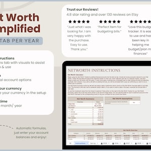 May include: A digital net worth tracker with the title "Net Worth Simplified" and the text "One Tab Per Year." The image includes a laptop screen displaying instructions and a summary table. Reviews and features are also displayed.