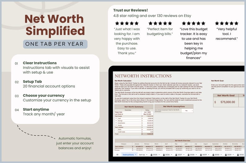 May include: A digital net worth tracker with the title "Net Worth Simplified" and the text "One Tab Per Year." The image includes a laptop screen displaying instructions and a summary table. Reviews and features are also displayed.