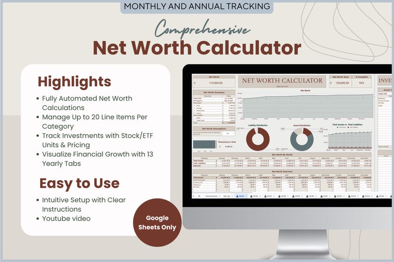 May include: A computer monitor displays a "Comprehensive Net Worth Calculator" spreadsheet. The screen shows financial data, charts, and graphs. Text highlights features like automated calculations, investment tracking, and financial growth visualization. The text also mentions the calculator is easy to use.