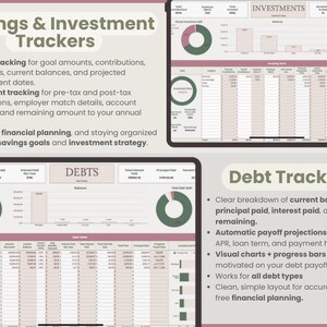 Puede incluir: Plantillas digitales de planificaci&oacute;n financiera en una tableta. La pantalla muestra rastreadores de ahorro, inversi&oacute;n y deuda con gr&aacute;ficos y tablas de datos. El texto incluye "Savings & Investment Trackers" y "Debt Tracker".