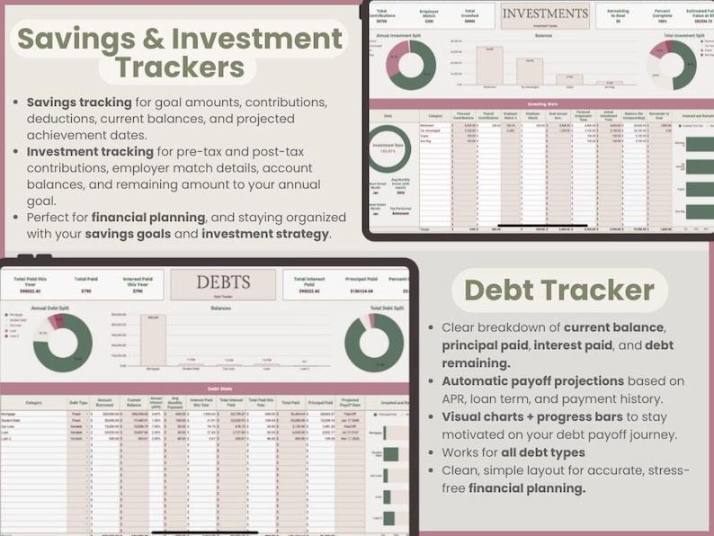 Puede incluir: Plantillas digitales de planificaci&oacute;n financiera en una tableta. La pantalla muestra rastreadores de ahorro, inversi&oacute;n y deuda con gr&aacute;ficos y tablas de datos. El texto incluye "Savings & Investment Trackers" y "Debt Tracker".