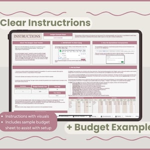 Puede incluir: Una tableta digital muestra una gu&iacute;a de presupuestos con el texto "Instrucciones claras" y "Ejemplo de presupuesto". La pantalla muestra instrucciones con im&aacute;genes y una hoja de presupuesto de muestra. El fondo es de color malva claro con un borde decorativo.