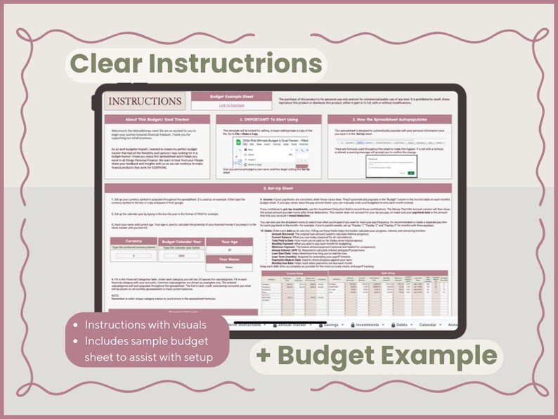 Puede incluir: Una tableta digital muestra una gu&iacute;a de presupuestos con el texto "Instrucciones claras" y "Ejemplo de presupuesto". La pantalla muestra instrucciones con im&aacute;genes y una hoja de presupuesto de muestra. El fondo es de color malva claro con un borde decorativo.