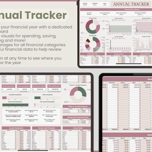Puede incluir: Rastreador financiero digital con el t&iacute;tulo "Annual Tracker". La imagen muestra m&uacute;ltiples tabletas que muestran paneles financieros con gr&aacute;ficos y tablas para el seguimiento de gastos, ahorros e inversiones. An&aacute;lisis de datos financieros.