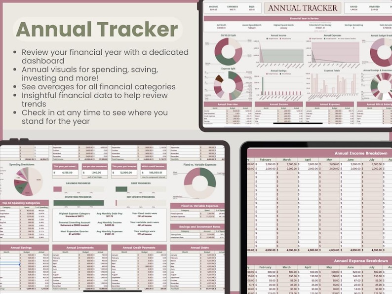 Puede incluir: Rastreador financiero digital con el t&iacute;tulo "Annual Tracker". La imagen muestra m&uacute;ltiples tabletas que muestran paneles financieros con gr&aacute;ficos y tablas para el seguimiento de gastos, ahorros e inversiones. An&aacute;lisis de datos financieros.