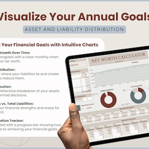 May include: A tablet displays a financial dashboard with charts and data, including a net worth calculator and asset distribution analysis. The text reads "Visualize Your Annual Goals" and "Asset and Liability Distribution."