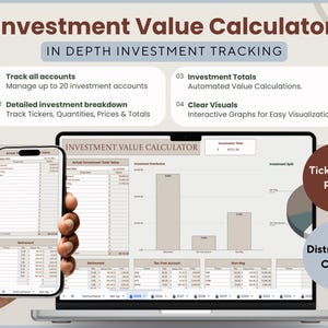 May include: An investment value calculator interface displayed on a laptop and smartphone. The screen shows data visualizations and the text "Investment Value Calculator" and "In Depth Investment Tracking". Features include tracking accounts, investment breakdown, totals, and charts.