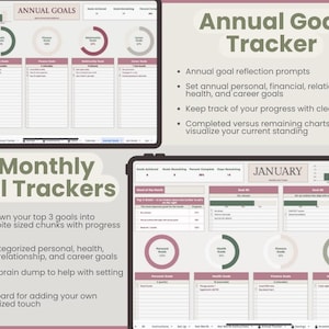 Puede incluir: Seguimiento digital de objetivos con el texto "Annual Goal Tracker" y "& Monthly Goal Trackers". El rastreador incluye secciones para objetivos personales, de salud, financieros, de relaci&oacute;n y profesionales. Presenta gr&aacute;ficos e indicaciones para la definici&oacute;n y el seguimiento de objetivos.