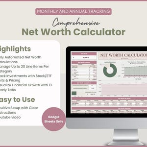 Puede incluir: Una pantalla de ordenador muestra una "Calculadora de patrimonio neto" con gr&aacute;ficos y datos. La imagen incluye texto que destaca caracter&iacute;sticas como c&aacute;lculos automatizados y seguimiento de inversiones. El dise&ntilde;o es en tonos rosas y verdes.
