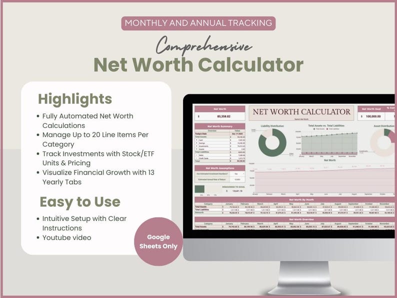 Puede incluir: Una pantalla de ordenador muestra una "Calculadora de patrimonio neto" con gr&aacute;ficos y datos. La imagen incluye texto que destaca caracter&iacute;sticas como c&aacute;lculos automatizados y seguimiento de inversiones. El dise&ntilde;o es en tonos rosas y verdes.