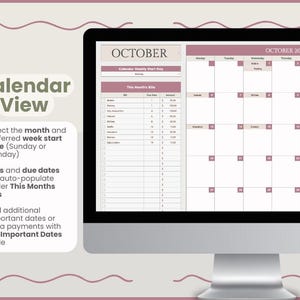 Puede incluir: Una pantalla de ordenador muestra un calendario digital para octubre de 2025. La pantalla muestra una vista de calendario con una lista de facturas y fechas de vencimiento. El texto en la pantalla dice "Vista de calendario" y "Facturas de este mes".