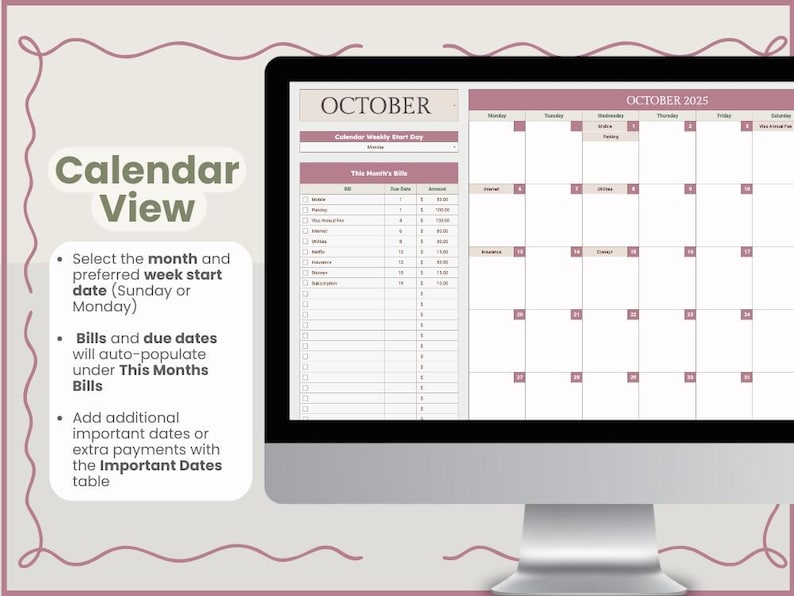 Puede incluir: Una pantalla de ordenador muestra un calendario digital para octubre de 2025. La pantalla muestra una vista de calendario con una lista de facturas y fechas de vencimiento. El texto en la pantalla dice "Vista de calendario" y "Facturas de este mes".