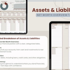 May include: A digital financial dashboard titled "Assets & Liabilities" with a "Net Worth Overview Table." The image includes charts and tables detailing assets, liabilities, and net worth. Text highlights a detailed breakdown of assets and liabilities.