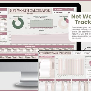 Puede incluir: Un rastreador digital de patrimonio neto que se muestra en una tableta. La pantalla muestra datos financieros, gr&aacute;ficos y diagramas en tonos de rosa y blanco. El texto en la pantalla incluye "Calculadora de patrimonio neto" y "Calculadora de valor de inversi&oacute;n."
