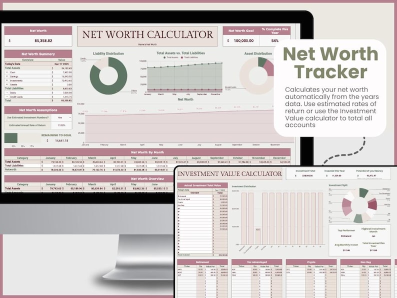 Puede incluir: Un rastreador digital de patrimonio neto que se muestra en una tableta. La pantalla muestra datos financieros, gr&aacute;ficos y diagramas en tonos de rosa y blanco. El texto en la pantalla incluye "Calculadora de patrimonio neto" y "Calculadora de valor de inversi&oacute;n."