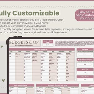 Puede incluir: Plantilla de configuraci&oacute;n de presupuesto digital con un dise&ntilde;o rosa y blanco. La plantilla incluye secciones para categor&iacute;as financieras, moneda y activos adicionales. El texto de la imagen dice "Totalmente personalizable" y "F&aacute;cil configuraci&oacute;n para empezar a automatizar tu presupuesto."
