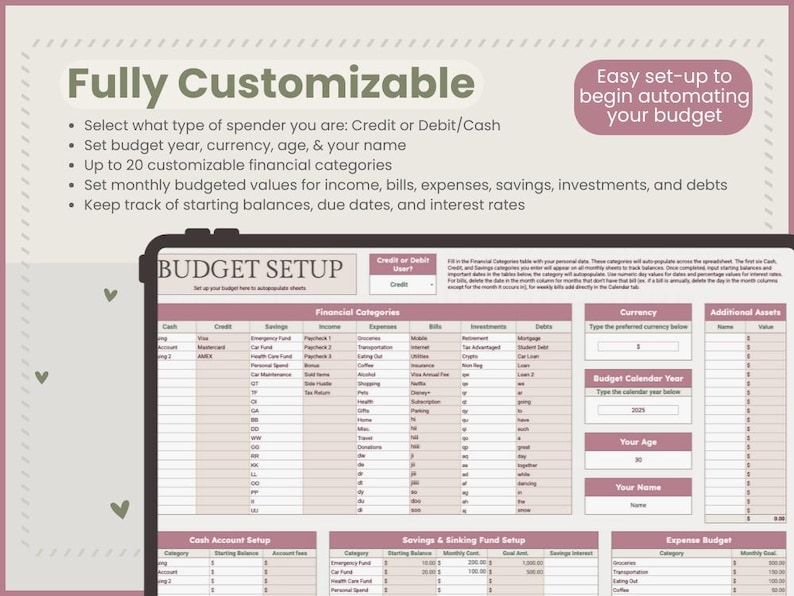 Puede incluir: Plantilla de configuraci&oacute;n de presupuesto digital con un dise&ntilde;o rosa y blanco. La plantilla incluye secciones para categor&iacute;as financieras, moneda y activos adicionales. El texto de la imagen dice "Totalmente personalizable" y "F&aacute;cil configuraci&oacute;n para empezar a automatizar tu presupuesto."