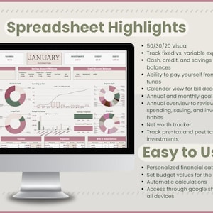 Puede incluir: Un monitor de computadora muestra una hoja de c&aacute;lculo financiera con gr&aacute;ficos. El texto "Spreadsheet Highlights" y "Easy to Use" son visibles, junto con vi&ntilde;etas que describen caracter&iacute;sticas como el seguimiento de gastos y las hojas de objetivos.