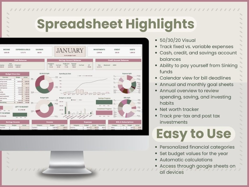 Puede incluir: Un monitor de computadora muestra una hoja de c&aacute;lculo financiera con gr&aacute;ficos. El texto "Spreadsheet Highlights" y "Easy to Use" son visibles, junto con vi&ntilde;etas que describen caracter&iacute;sticas como el seguimiento de gastos y las hojas de objetivos.