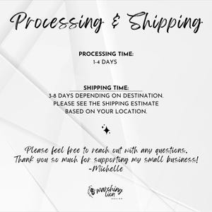 May include: White graphic with the text "Processing & Shipping" and details about processing and shipping times. The text is in a handwritten style font. The background is white with geometric shapes.