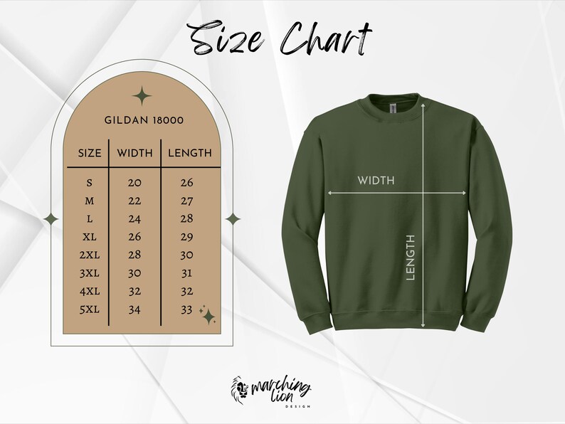 May include: An olive green sweatshirt with a size chart and the text "Size Chart". The chart displays measurements for sizes S through 5XL, including width and length in inches. The brand is Gildan 18000.
