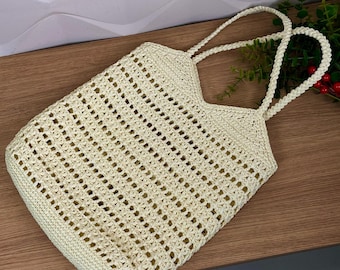 Raffia Mesh Einkaufstasche häkeln Muster + Video Anleitung, Sommer Schultertasche mit Langen Griffen