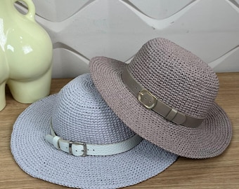 Crochet Raffia Hat Pattern + Video Tutorial, Summer Hat with Wide Brim and Leather Strap
