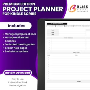May include: A digital project planner for Kindle Scribe, with a purple background and a black laptop screen displaying the planner's layout. The planner includes sections for all projects summary, overview, actions list, meeting notes, project notes, and brainstorm. The text "Premium Edition Project Planner for Kindle Scribe" is displayed at the top of the image.