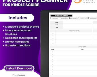 May include: A digital project planner for Kindle Scribe, with a purple background and a black laptop screen displaying the planner's layout. The planner includes sections for all projects summary, overview, actions list, meeting notes, project notes, and brainstorm. The text "Premium Edition Project Planner for Kindle Scribe" is displayed at the top of the image.