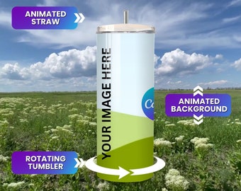 May include: A green and white tumbler with a silver lid and straw. The tumbler is rotating against a background of a field of white flowers and green grass. The text "YOUR IMAGE HERE" is printed on the side of the tumbler. The text "ANIMATED TUMBLER + ANIMATED BACKGROUND INCLUDES VIDEO BACKGROUND FOR A BIG IMPACT" is at the top of the image. The text "EASY TO USE | FULL INSTRUCTIONS INCLUDED" is at the bottom of the image.