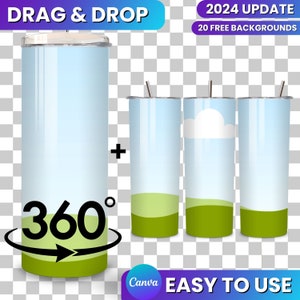 Könnte beinhalten: Ein Set aus drei 20oz Edelstahl-Bechern mit einem 360-Grad-Design. Die Becher haben einen hellblauen Himmelhintergrund mit einem grünen Grasberg am Boden. Die Becher werden mit einem Strohhalm und einem Deckel gezeigt. Der Text "DRAG & DROP" und "2024 UPDATE" wird oben im Bild angezeigt. Der Text "20 FREE BACKGROUNDS" wird unter dem Text "2024 UPDATE" angezeigt. Der Text "360°" wird in einem Kreis mit einem nach rechts zeigenden Pfeil angezeigt. Der Text "Canva EASY TO USE" wird unten im Bild angezeigt.