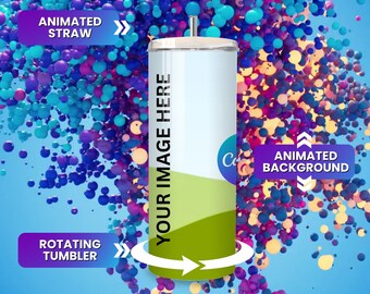 May include: Animated tumbler with a rotating design and a straw. The tumbler is white with a green and white design. The background is a blue sky with colorful bubbles. The text "YOUR IMAGE HERE" is on the tumbler. The text "ANIMATED BACKGROUND" is on the right side of the image. The text "ANIMATED STRAW" is on the left side of the image. The text "ROTATING TUMBLER" is on the left side of the image. The text "EASY TO USE | FULL INSTRUCTIONS INCLUDED" is at the bottom of the image.
